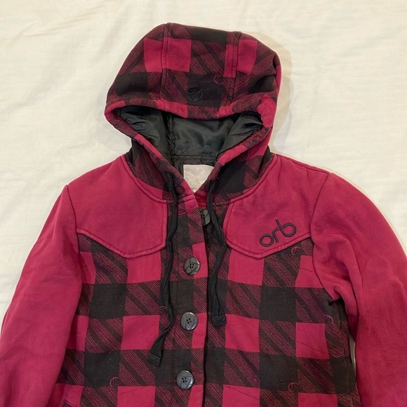 ORB women’s medium Plaid Hooded lined Jacket with lovely large buttons - Picture 2 of 16